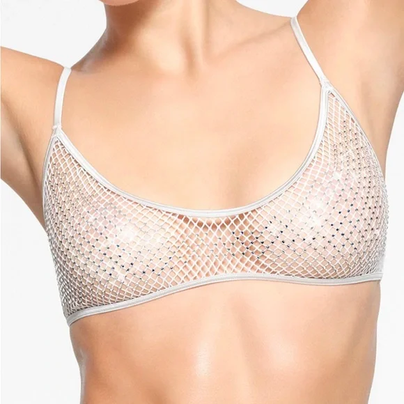 💎SWAROVSKI XSKIMS STRETCH NET SKIMPY SCOOP BRALETTE &DIPPED THONG SILVER XS NWT